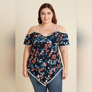 Rose Gal Plus Size Floral Off-Shoulder Dress with Lace Trim
